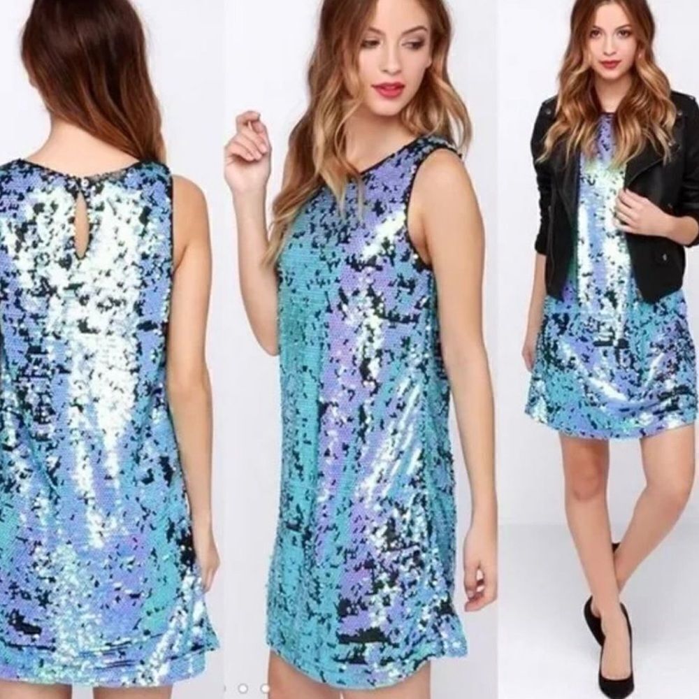 Honey Punch Black/ Blue, Aqua Sequins Change of Color Mini Dress Size M - Picture 3 of 12